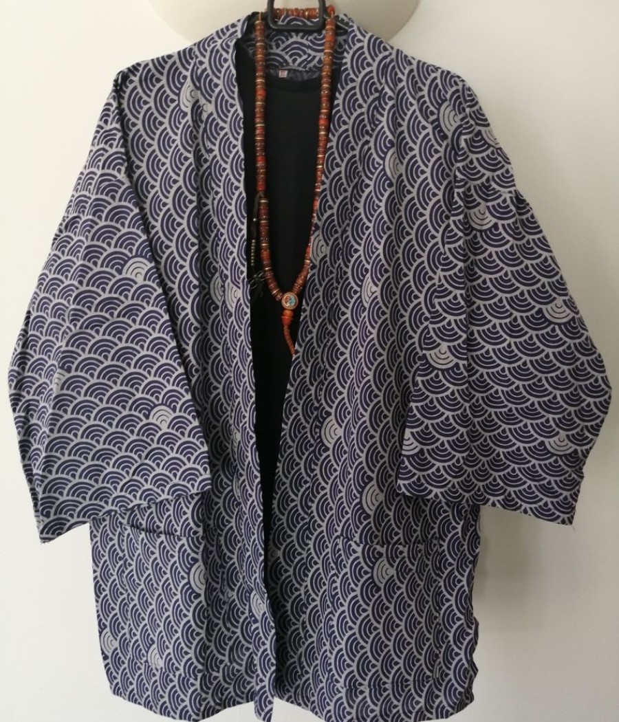 Categories Animetal | Navy Japanese Haori With Traditional Japanese Waves