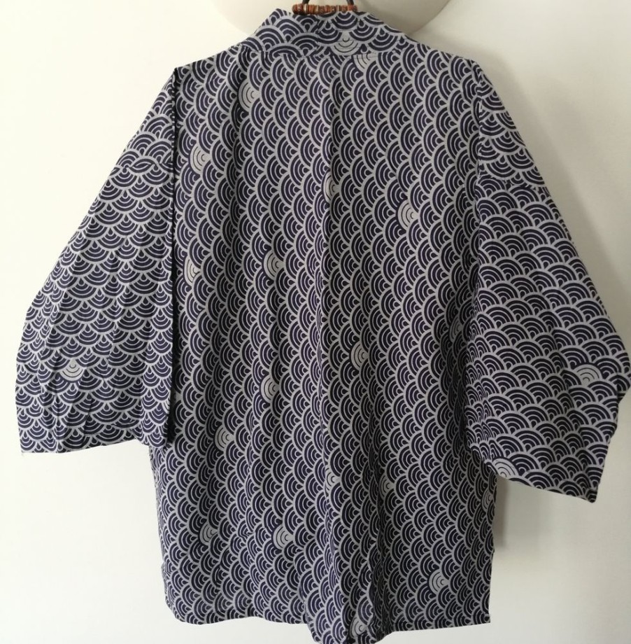 Categories Animetal | Navy Japanese Haori With Traditional Japanese Waves