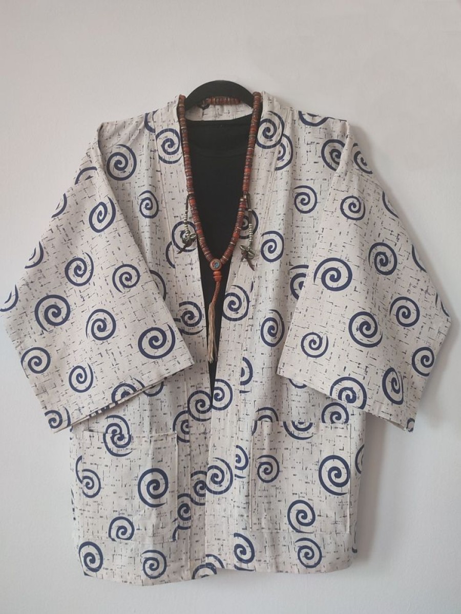 Categories Animetal | White Japanese Haori With Navy Swirls