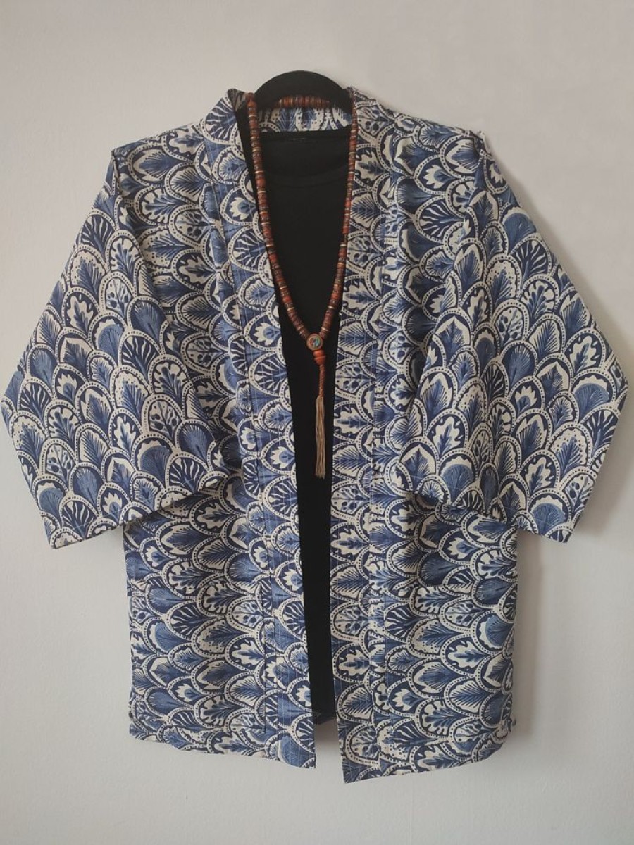 Categories Animetal | White And Navy Japanese Haori With Traditional Japanese Pattern