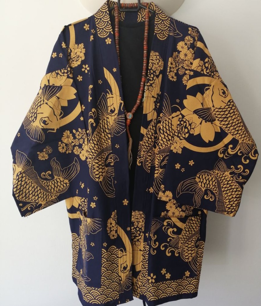 Categories Animetal | Navy Japanese Haori With Golden Koi Fish