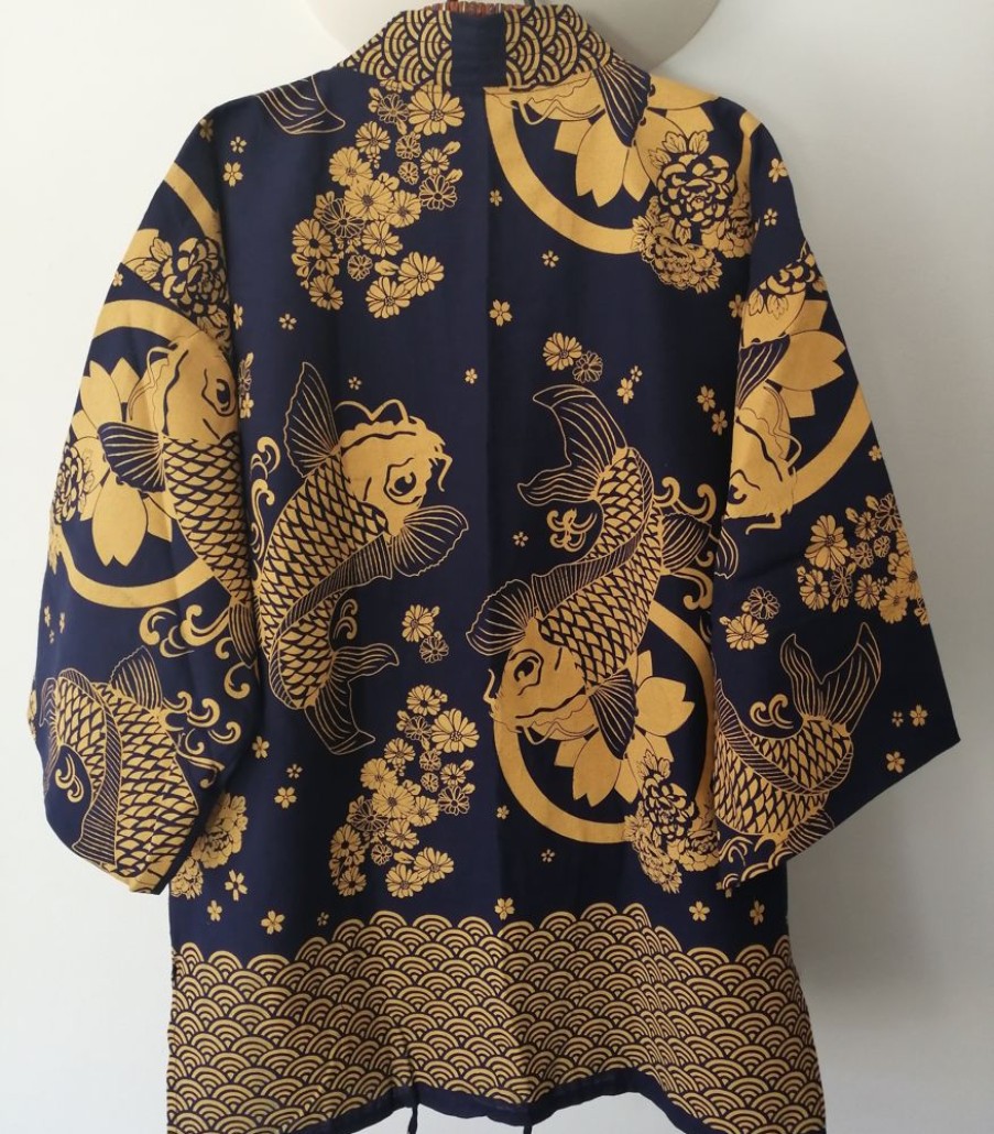 Categories Animetal | Navy Japanese Haori With Golden Koi Fish