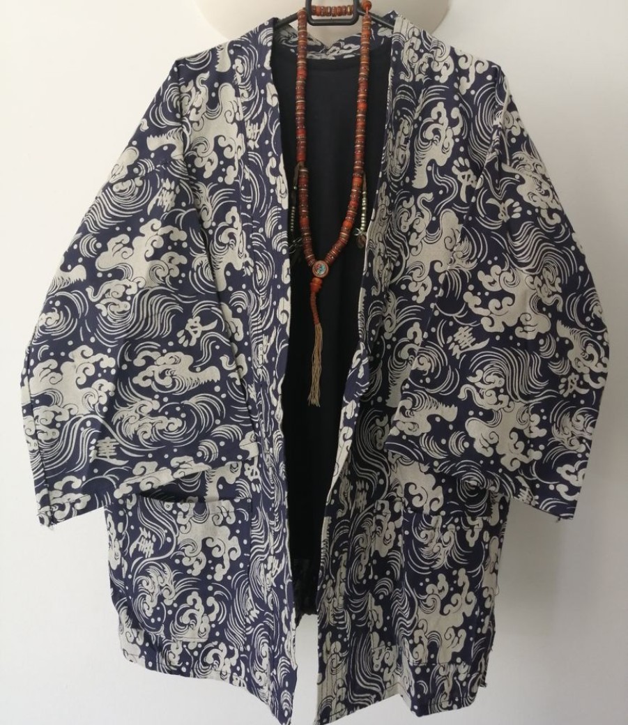 Categories Animetal | Navy Japanese Haori With Waves And Wind