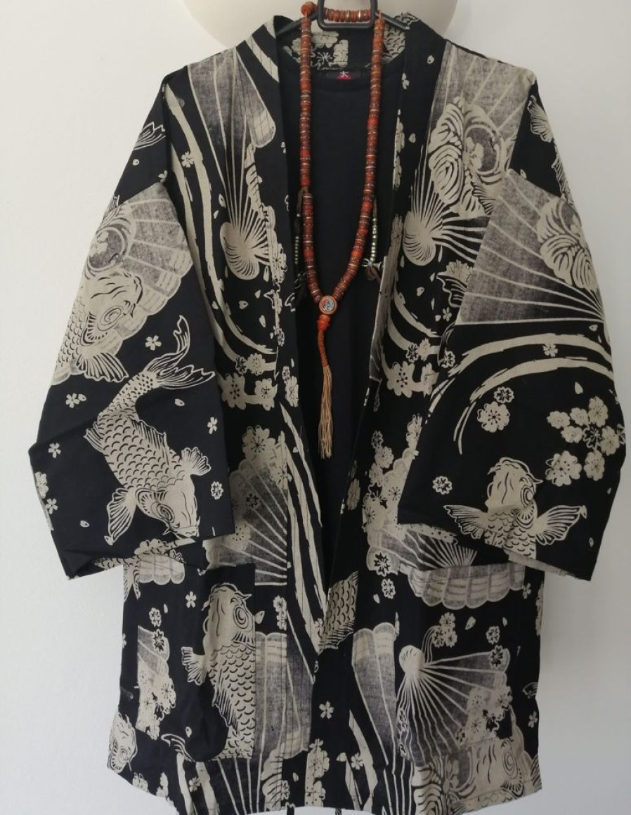 Categories Animetal | Black Japanese Haori With Fan & Koi Fish Print