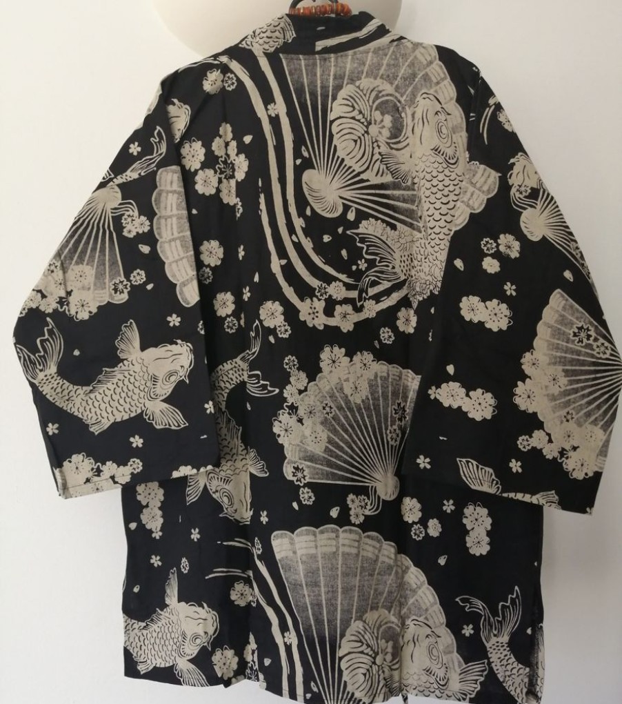 Categories Animetal | Black Japanese Haori With Fan & Koi Fish Print