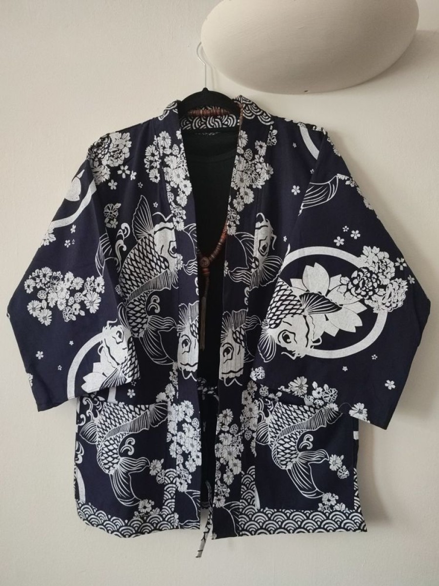 Categories Animetal | Navy Japanese Haori With White Koi Fish