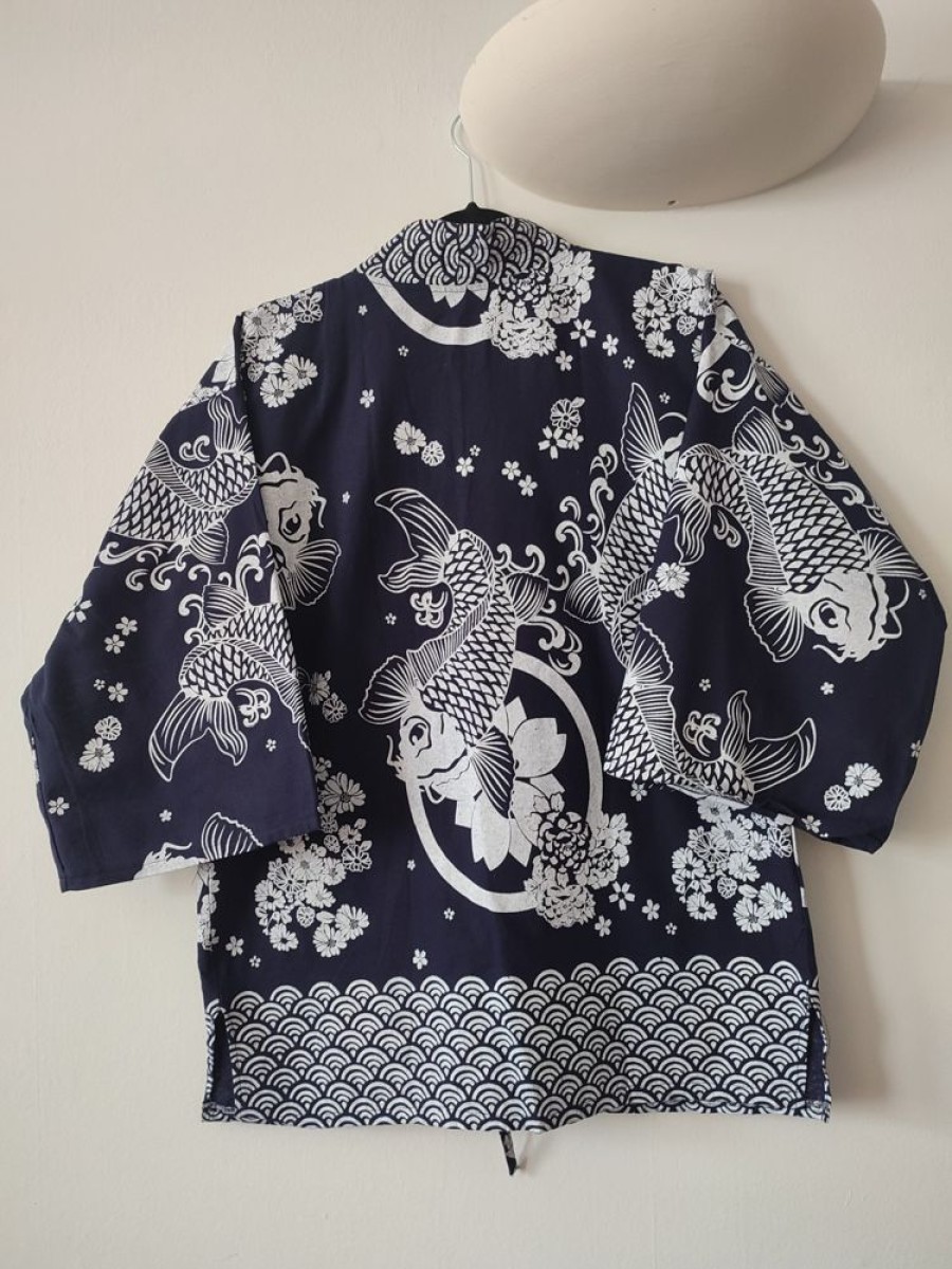 Categories Animetal | Navy Japanese Haori With White Koi Fish