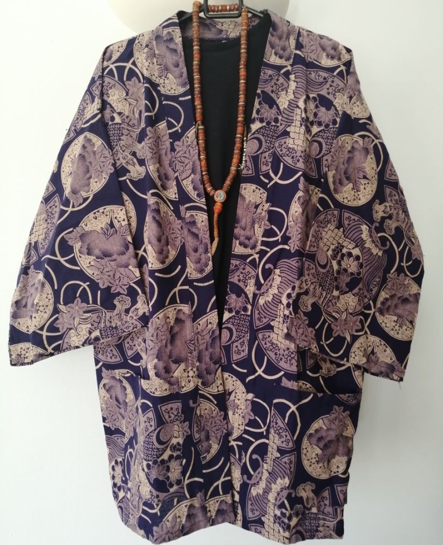 Categories Animetal | Navy Japanese Haori With Golden Traditional Japanese Print