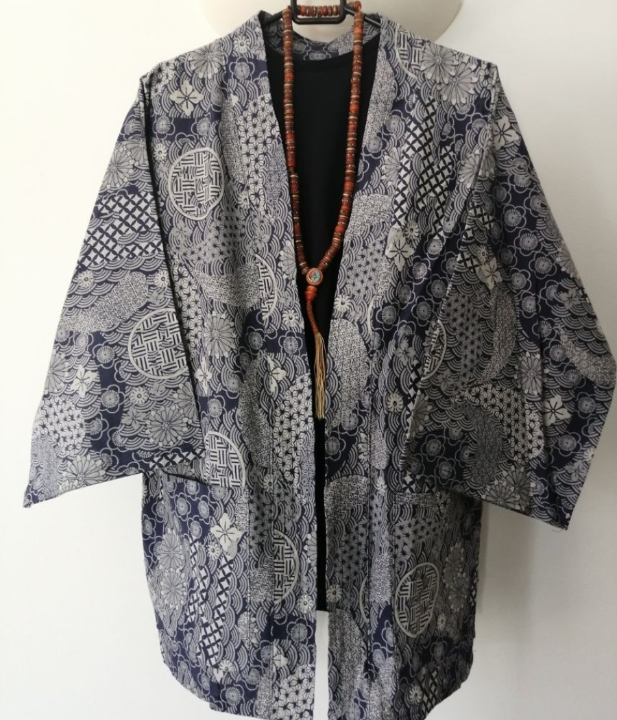 Categories Animetal | Navy Japanese Haori With Traditional Japanese Print